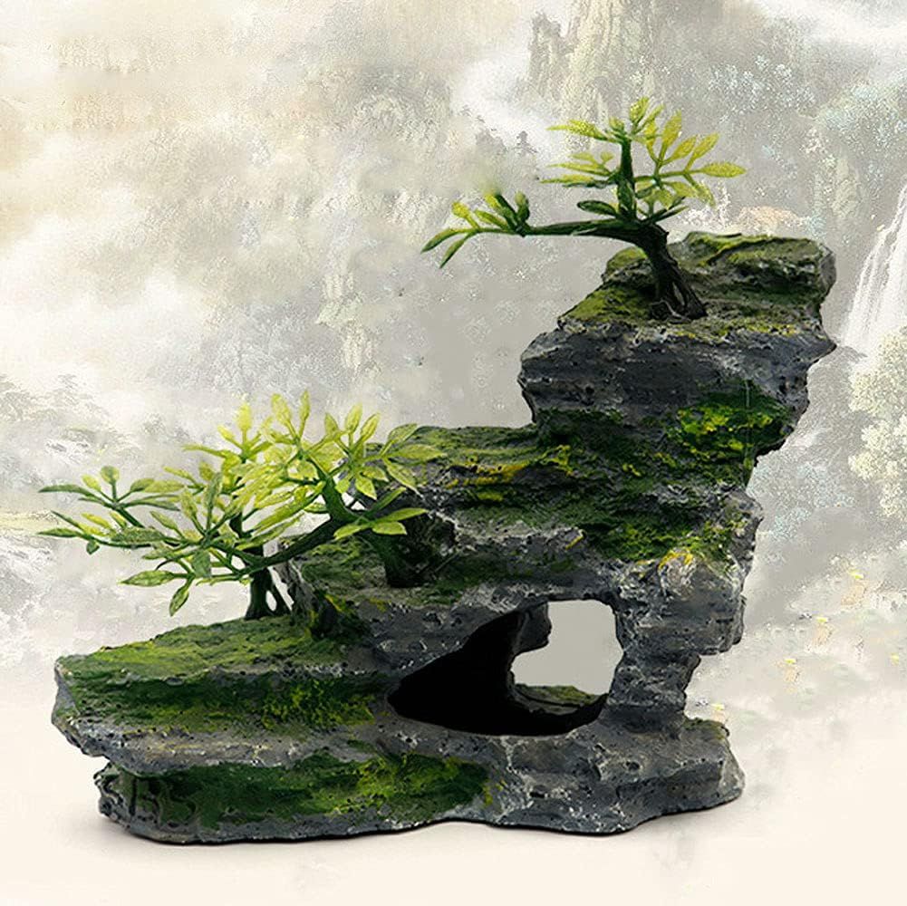 Aquarium Ornament Rock Cave Landscape Artificial Mountain View Stone with Moss Tree Fish Tank Decoration โ image 3