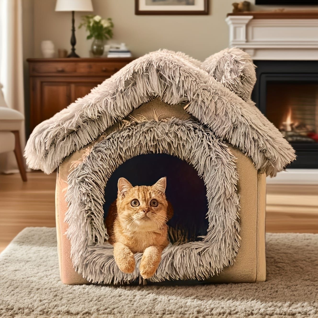 Plush Pet House with Detachable Cushion – Cozy, Warm, and Stylish Indoor Cat or Small Dog Bed – Soft Faux Fur Hideaway with Doorway – Perfect for Year-Round