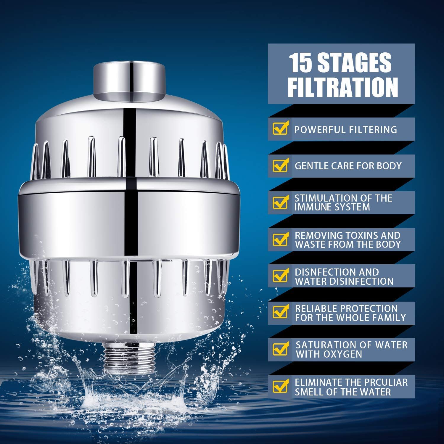 Shower Head and 15 Stage Shower Filter Combo, High Pressure 5 Spray Settings Filtered Showerhead with Water Softener Filter — image 5