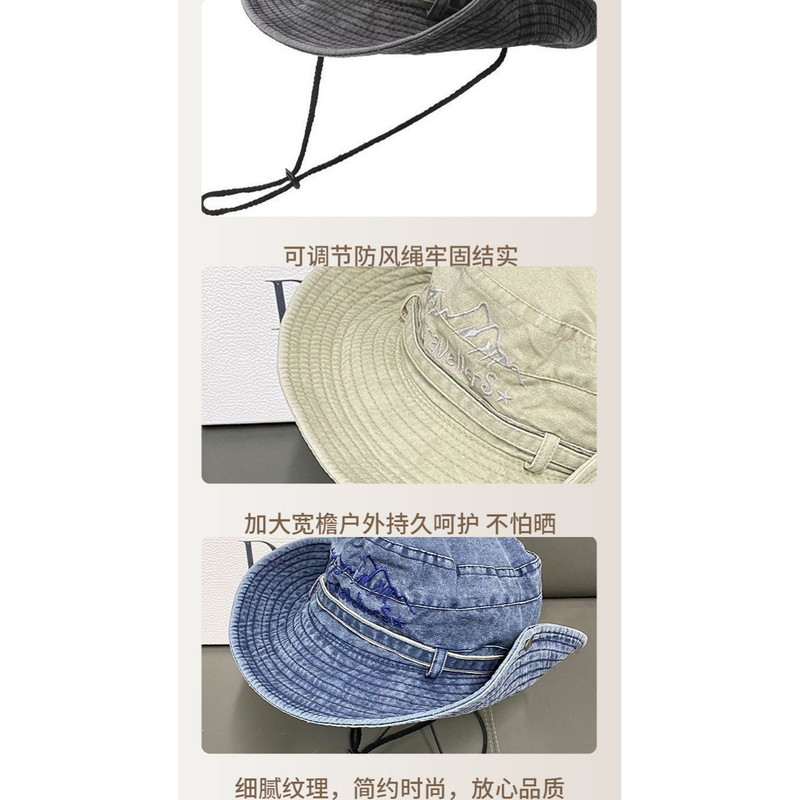 Vintage Washed Embroidered Bucket Hat, Wide-Brimmed Sun Hat with Drawstring for Hiking and Outdoor Activities—Black — image 2