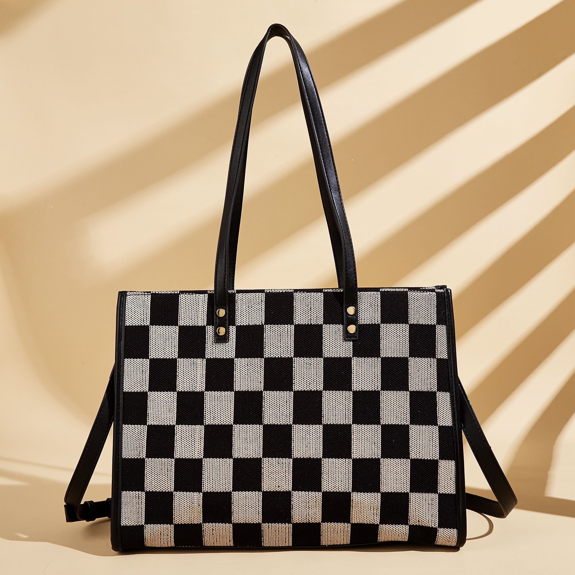 Stylish Black Khaki Checkerboard Tote Bag Large Capacity Women’s Shoulder Handbag for Work & Daily Use — image 5