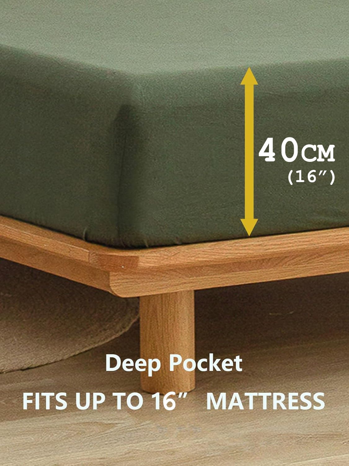 100% Cotton Fitted Sheet - Super Soft 40cm Deep Pocket Bottom Sheets - White Elastic Sheet(Double,Olive green) — image 4