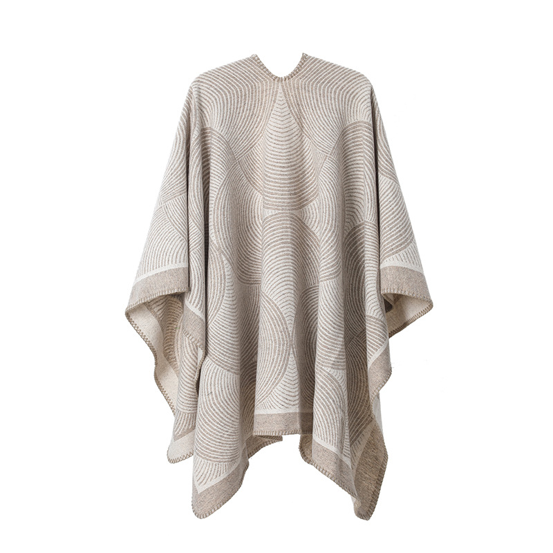 Khaki Geometric Print Cape - Cozy Knit Poncho for Women (165x130cm) โ image 2