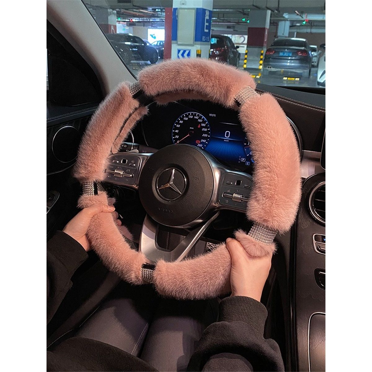 Fluffy Microfiber Plush Steering Wheel Cover with Bling Crystal Rhinestones for Winter Warm, Universal 15 inch Fuzzy Steering Wheel Cover,pink