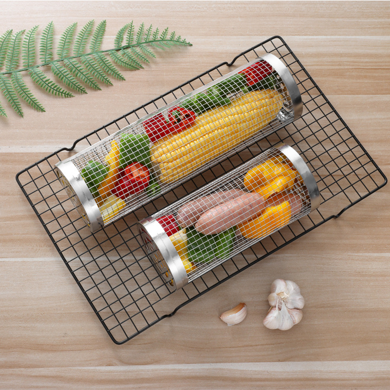 2 Pcs Size S Silver Rolling Stainless Steel BBQ Grill Basket - Cylindrical Grilling Cage for Veggies, Meats & More (304 Food-Grade) โ image 2