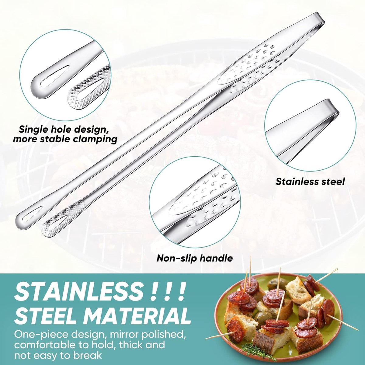 6 Stainless Steel Barbecue Tongs - 28 cm Korean & Japanese Model - Suitable for Grill, Steak, and Salad - Portable Kitchen and Outdoor Tongs Set — image 2
