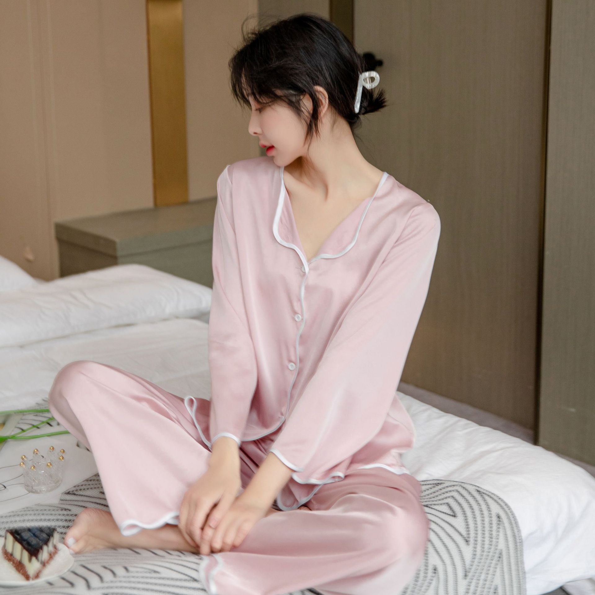 Ming Yu Ya Si Ice Silk Pajamas Set Long Sleeve Black โ image 4