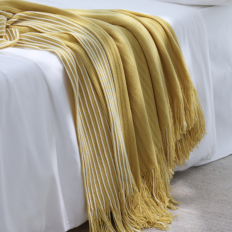 Yellow Cozy Knit Throw Blanket with Fringe - Stylish Striped Bed End Cover, 127x220CM โ image 4