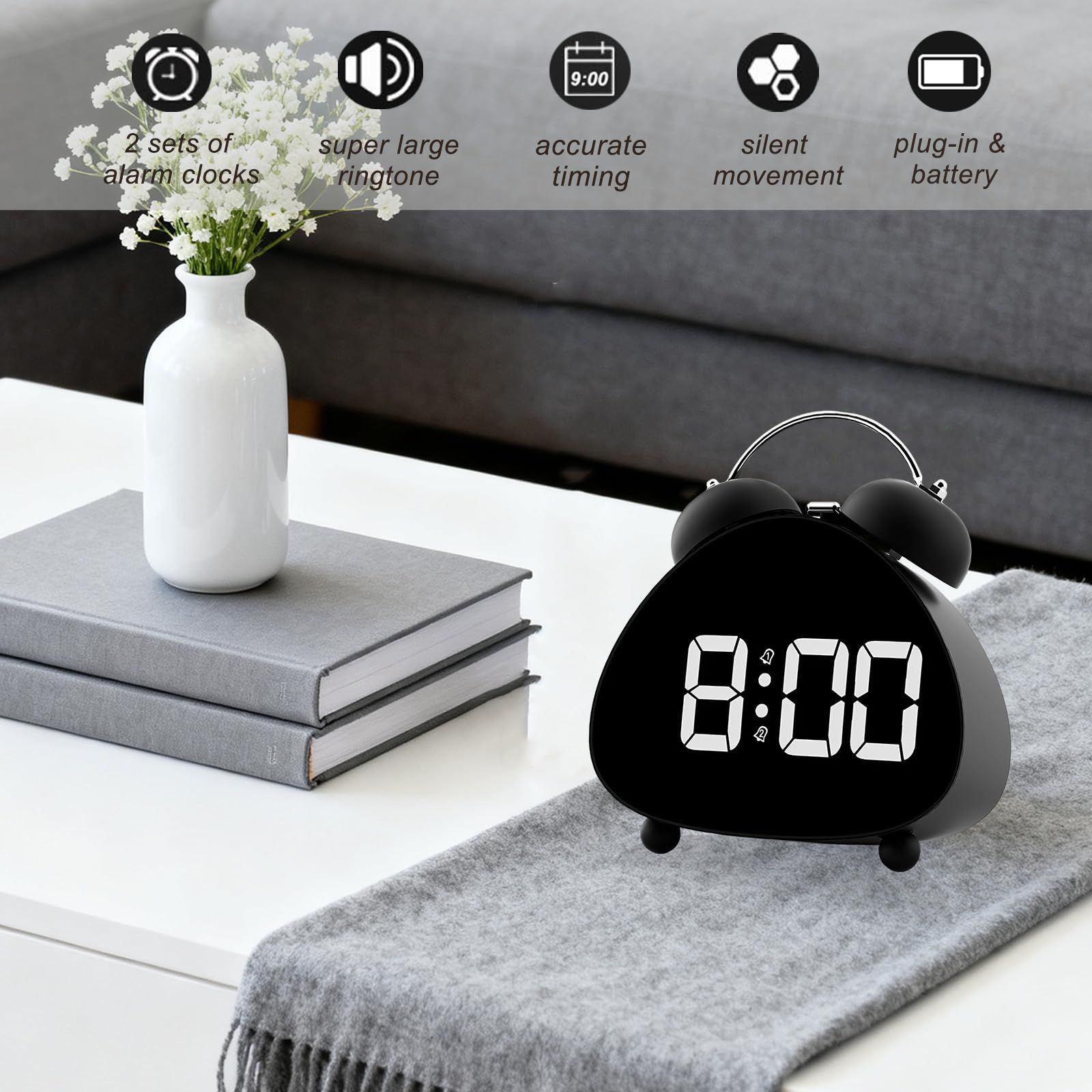 Bell Alarm Clock, Cute Triangle Digital Alarm Clock, Bedside Loud Alarm Clocks for Heavy Sleepers Adults, Silent Desk Clock Battery Operated (Black) — image 2