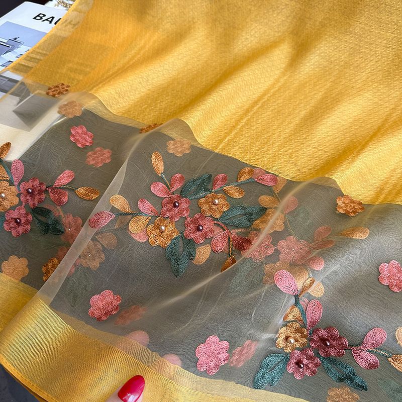 Pink Elegant Embroidered Begonia Flower Long Scarf for Women - Beaded Faux Silk Shawl with Floral Design, Lightweight Sunscreen Wrap for Spring Autumn Daily — image 2