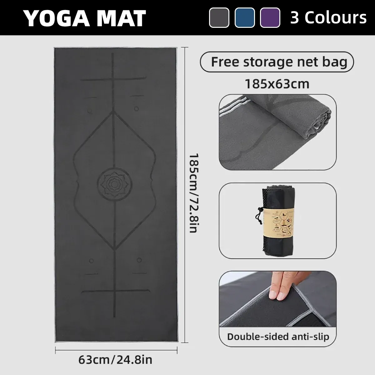 Portable Yoga Blanket with Body Position Line Non Slip Soft for Home Gym Studio - Blue — image 2