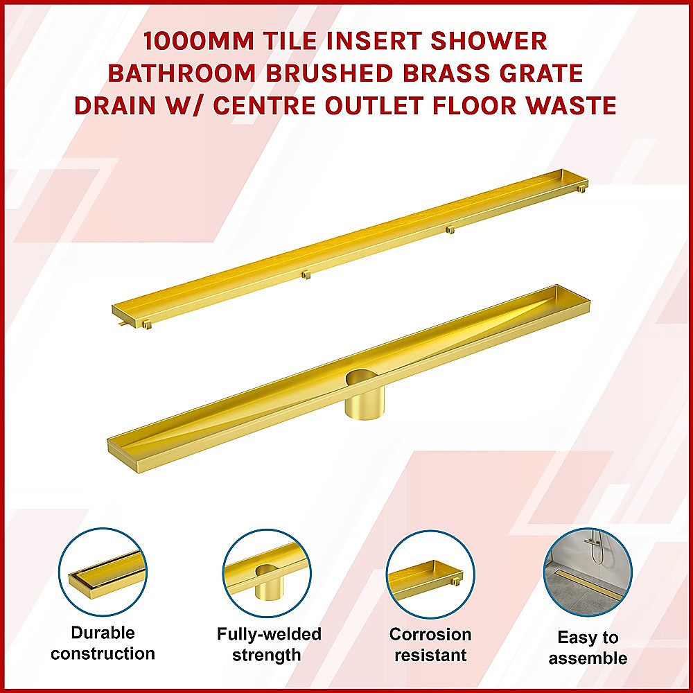1000mm Tile Insert Bathroom Shower Brushed Brass Grate Drain w/Centre outlet Floor Waste โ image 3