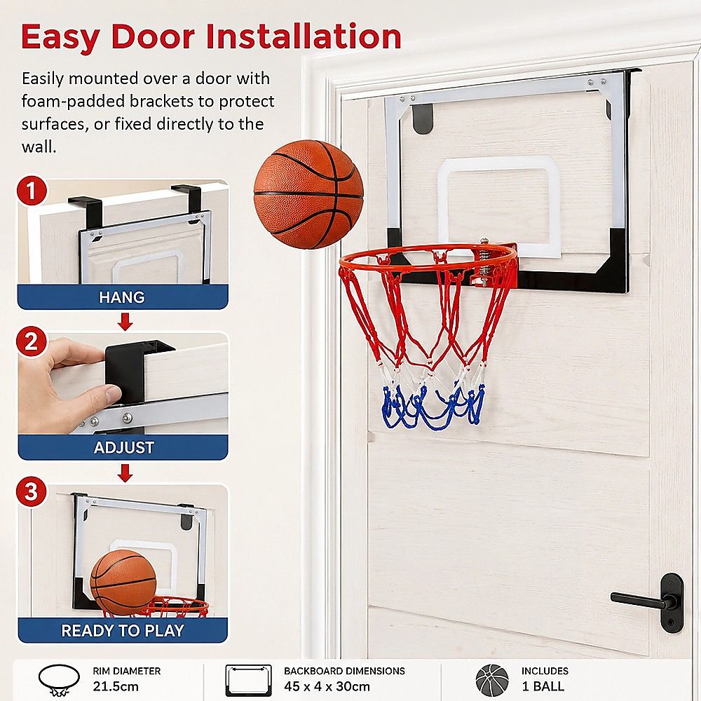 Indoor Mini Basketball Hoop Set – Door Mounted Backboard Kit with Ring & Ball — image 5