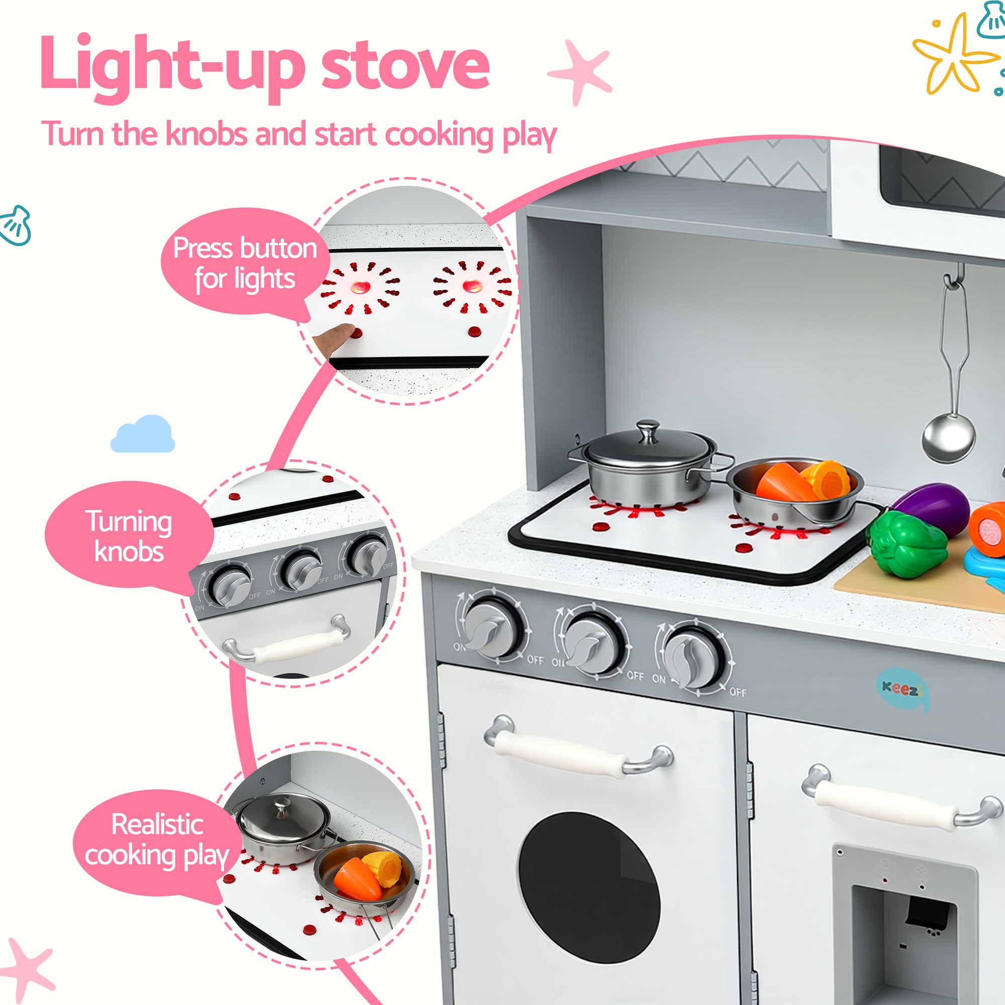 Keezi Wooden Play Kitchen Pretend Kitchen 82cm Kids Toy Food Set Grey โ image 5