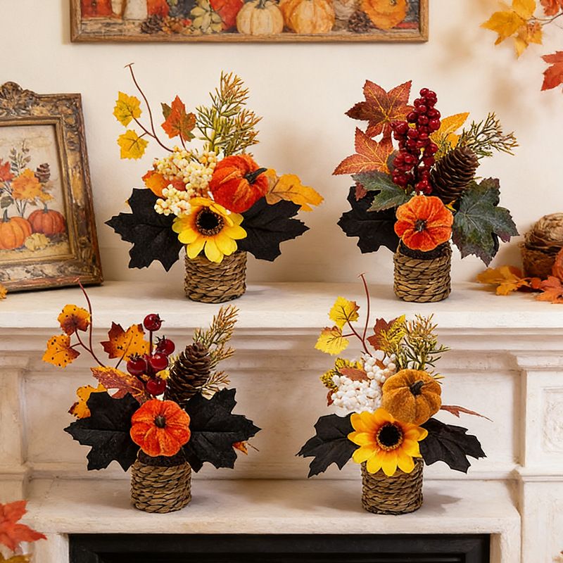 Autumn artificial mini potted plant, woven basket paired with sunflowers, pumpkins, and maple leaves, full and realistic petals, no maintenance required โ image 3