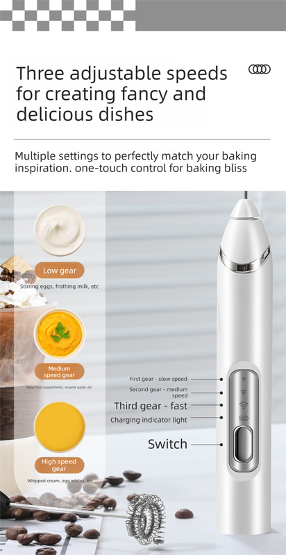 Rechargeable 3-in-1 Handheld Milk Frother Set - Electric Whisk with Egg Beater & Mixing Hook - 3 Speed Adjustable Foam Maker for Coffee, Lattes, Baking & Baby — image 3