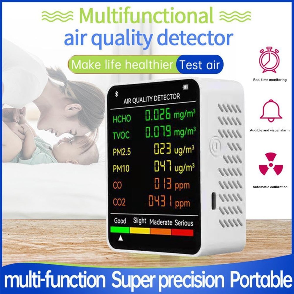 Air Quality Monitor - 6 Functions - Detects PM2.5, PM10, HCHO, TVOC, CO, CO2 - Suitable for monitoring indoor air, testing office spaces, inspecting car air — image 6