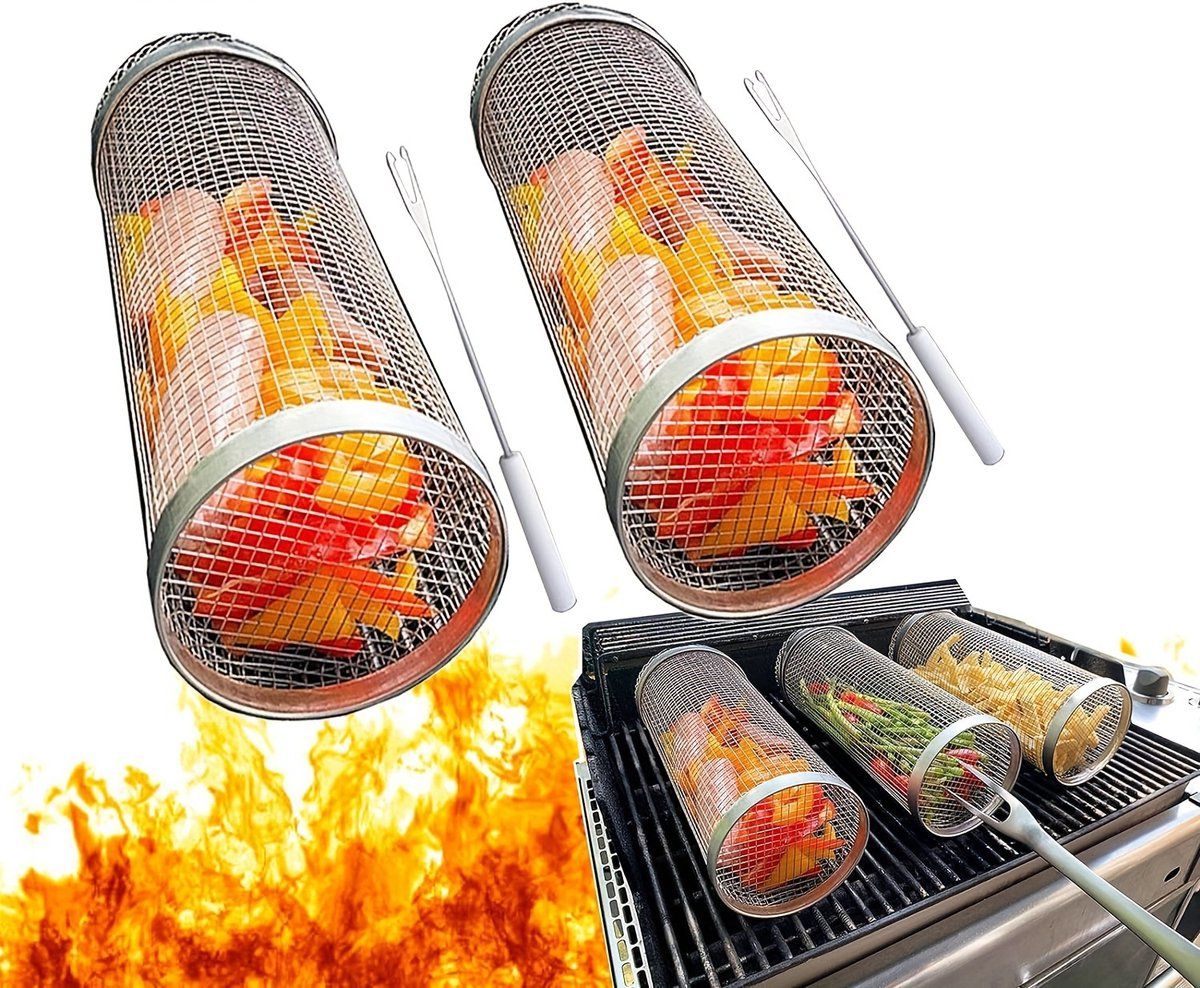 2 Pieces Stainless Steel 304 BBQ Grill Baskets, Cylindrical Mesh Barbecue Cages for Smokers, Kitchen and Outdoor Cooking
