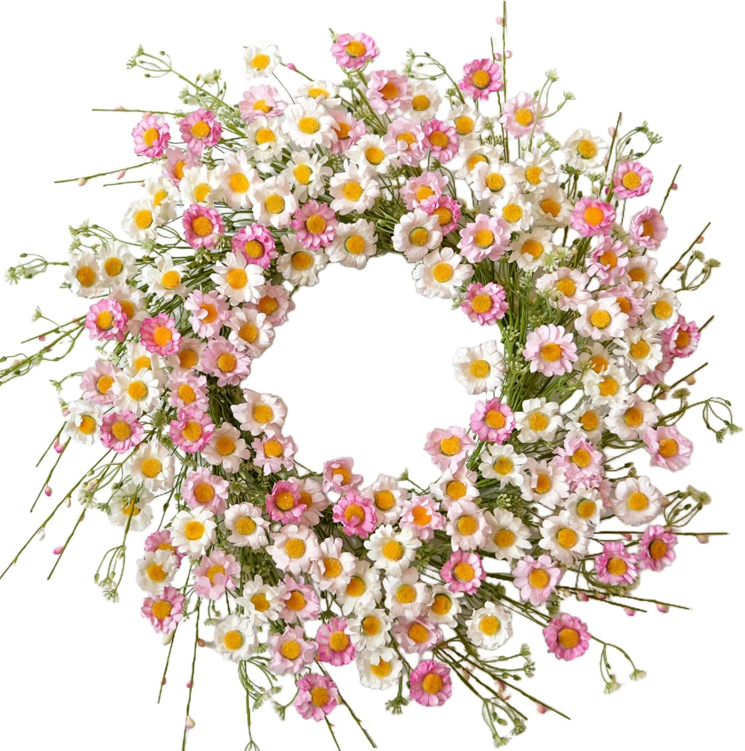 24 Inch Spring Wreaths for Front Door - Artificial Flower Wreath with Baby Pink & Cream Daisy, Summer Floral Wreath for Front Door, Farmhouse Spring Door