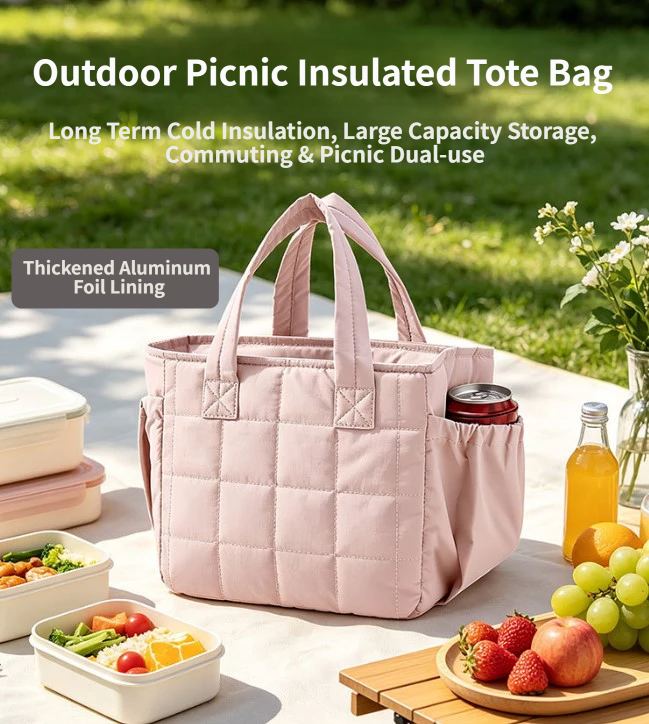 Beige Stylish Insulated Quilted Zipper Lunch Bag for Women - 6L Large Capacity Waterproof Thermal Tote Cooler Bag with Leakproof Lining and 2 Side Pockets for โ image 2