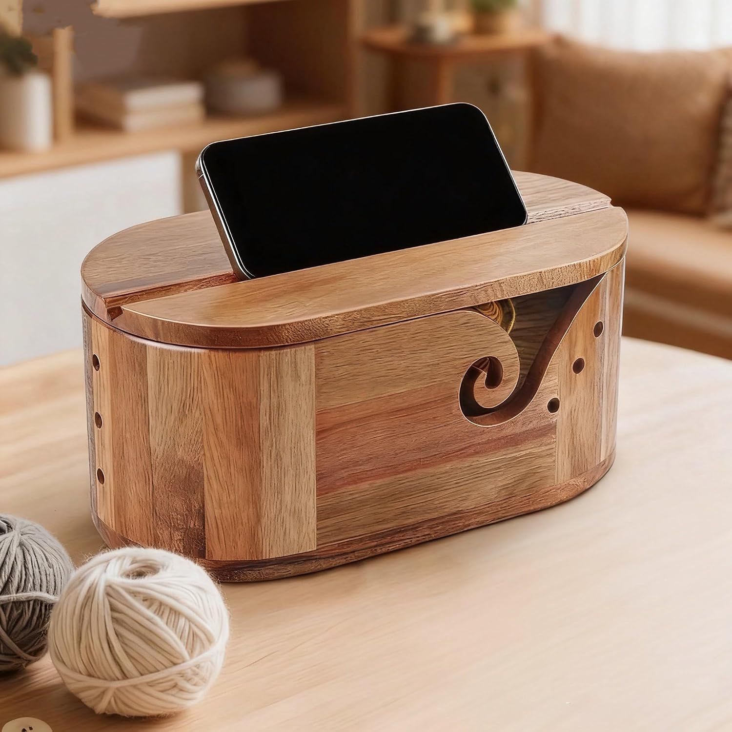 9 Piece Bamboo Crochet Hook Set with Wooden Yarn Bowl and Phone Holder โ image 2