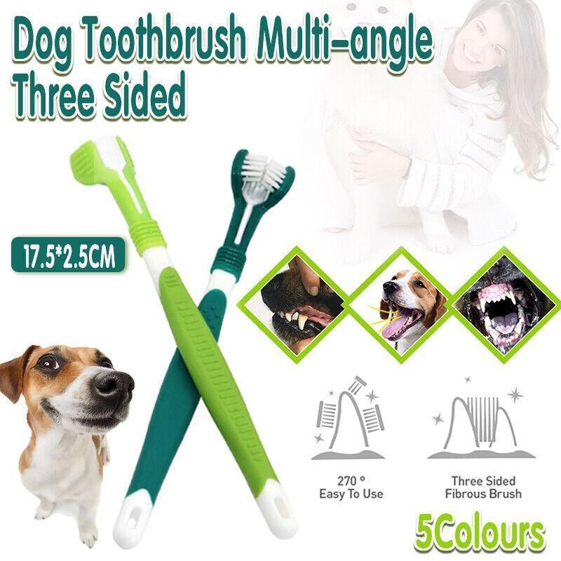 Three Sided Dog Toothbrush Pet Cat Teeth Cleaning Tool Oral Mouth Care Soft Bristle - Red+Blue โ image 2