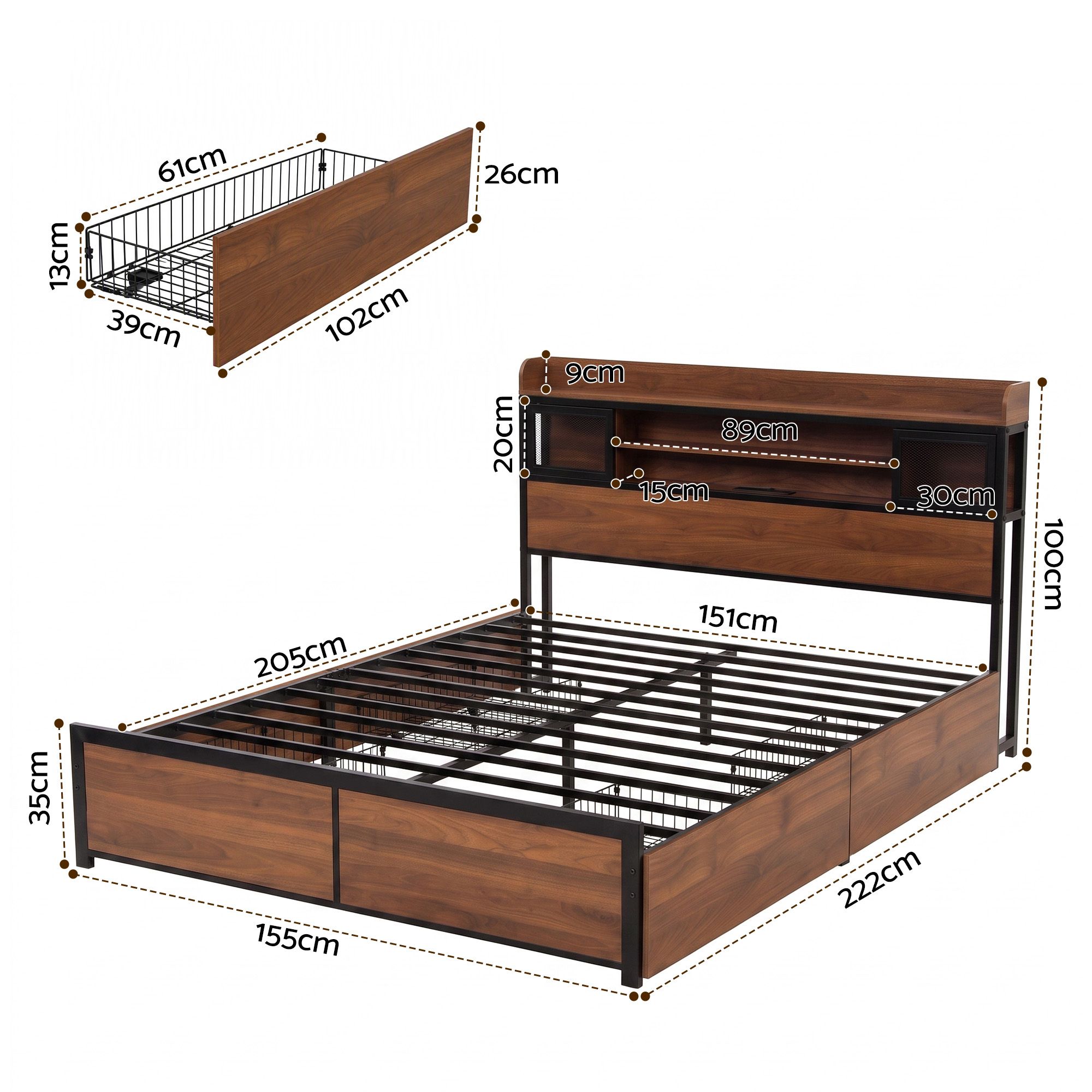 Artiss Queen Bed Frame with Charging Station 4 Drawers Storage Oak โ image 3