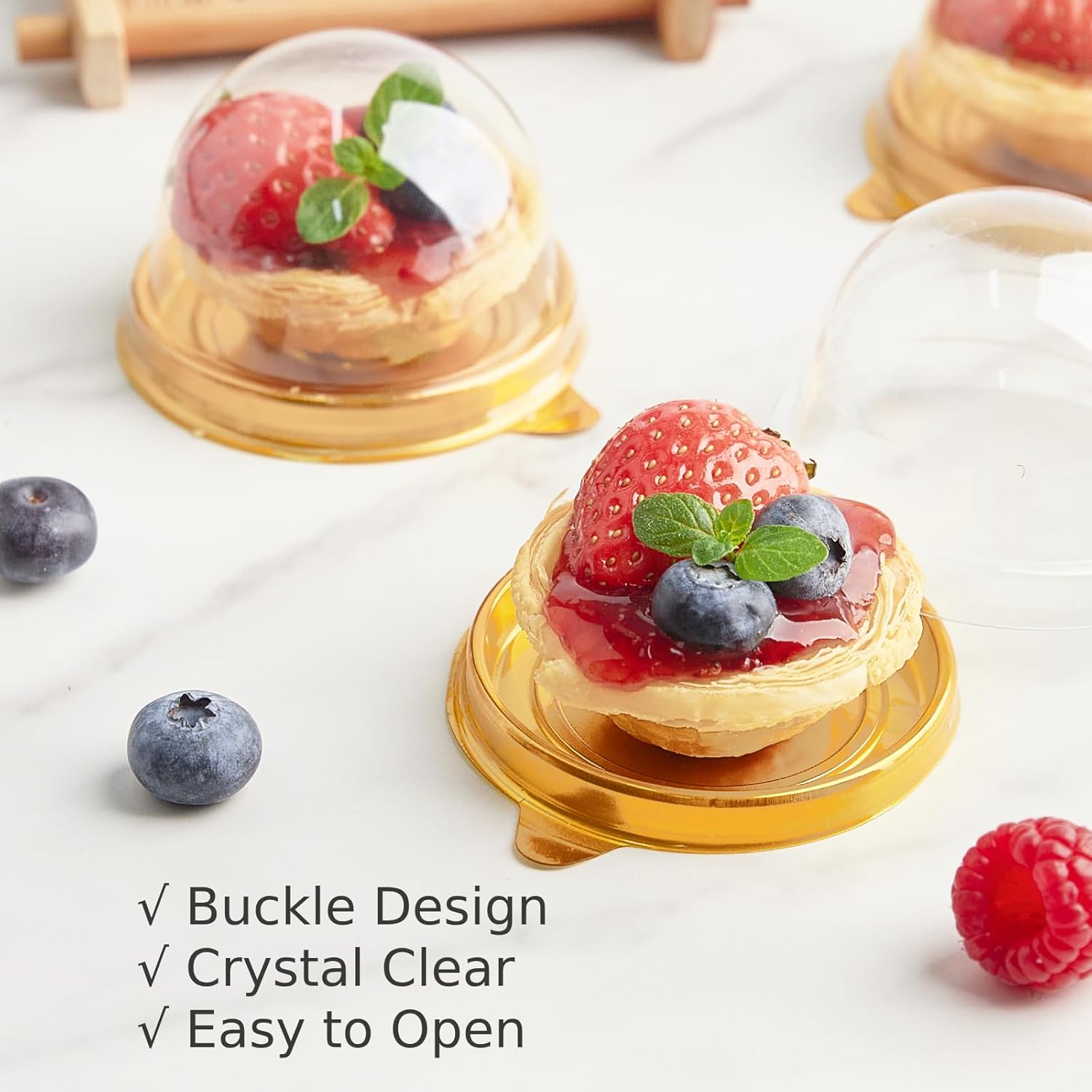 50 Pack Mini Cake Containers, Clear Plastic Small Cupcake Boxes with Dome Lids for Individual Chocolate Covered Cookies, Strawberry, Mooncake (Gold) — image 5