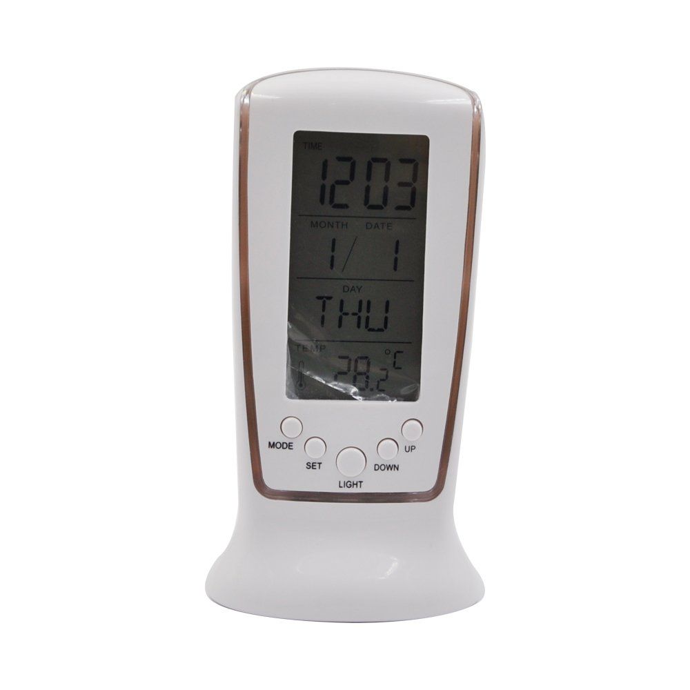 White Battery Powered LED Digital Music Desk Alarm Clock with Purple Backlight Thermometer Calendar Display Function — image 5