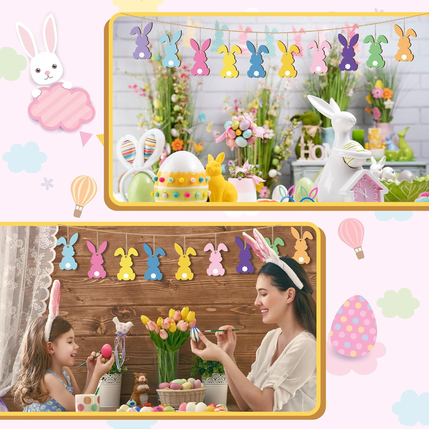 36 Pcs Easter Bunny Tree Ornaments Easter Wooden Hanging Decor 12 Color Rabbit Embellishments for Tree Wood Bunny Tags Rabbit Shape Cutouts with String for — image 6