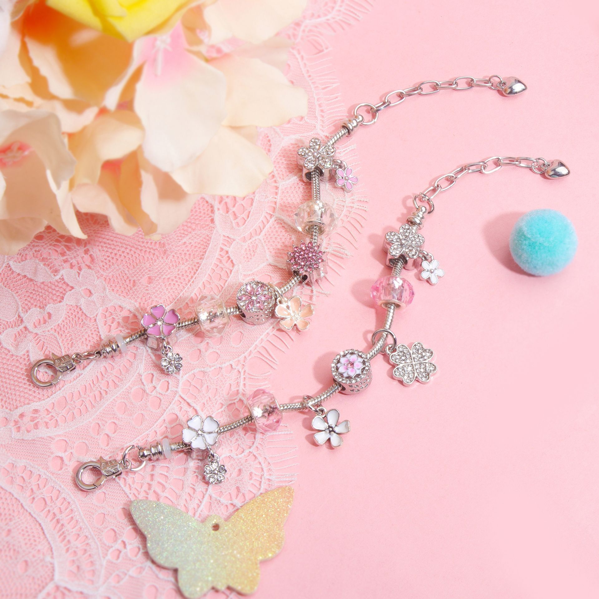 Chic Camellia Bead Charm DIY Bracelet with Crystal(pink flower-20cm) โ image 6