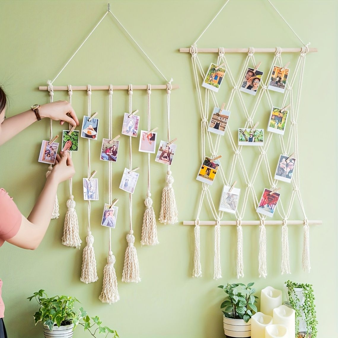 Unique Handwoven Boho Chic Macrame Photo Wall Hanging with Clips - Display for Photos, Cards & Artwork, Perfect for Bedroom, Living Room, Dorm Decor Shape — image 2
