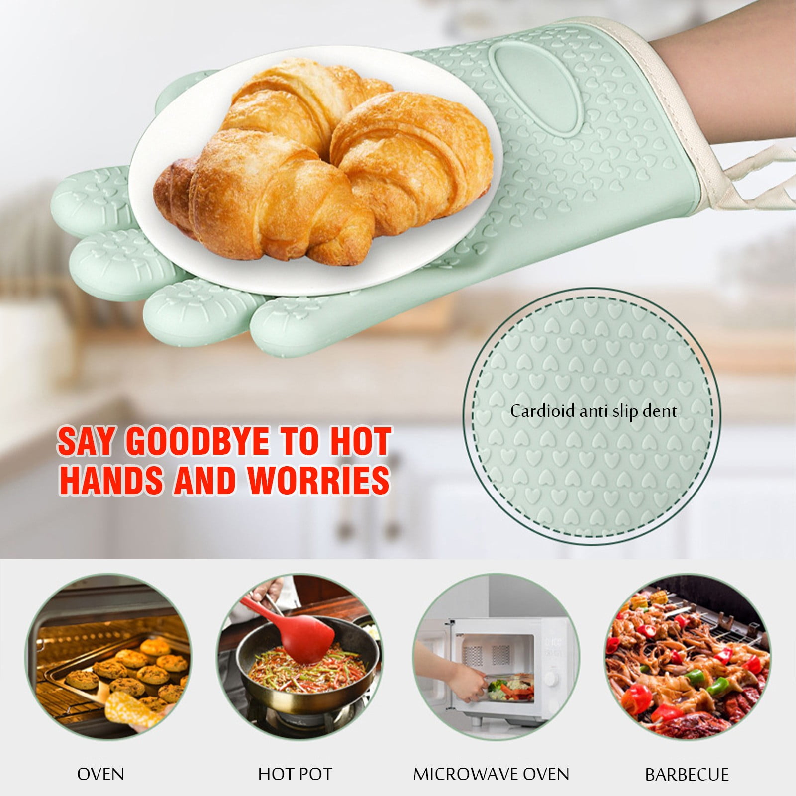 Silicone Smoker Oven Gloves -Extreme Heat Resistant Bbq Gloves -Handle Hot Food Right on Your Grill Fryer Pit|Waterproof Oven Mitts Z3-Mint Green โ image 4