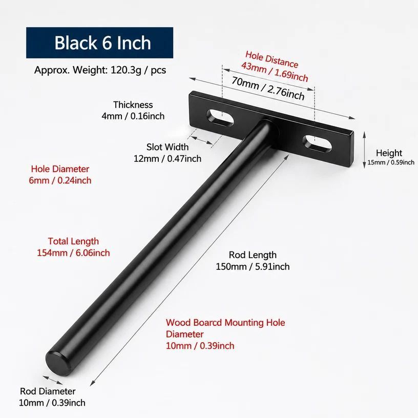 6" Black Hidden T Shelf Bracket 4Pcs w/ 5x60&5x80 Screws — image 2