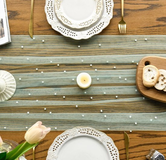 Light Green Table Veil with White Pearls - Silky Gauze 30 × 120 Inches - For Weddings, Parties & Table Decorations — image 2