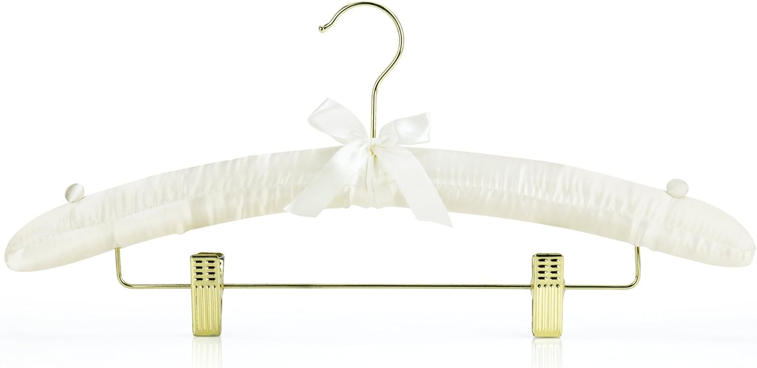 HANGERWORLD Pack of 5 Ivory Satin Padded Hangers with Clips for Skirts, Pants & Sweaters with Non-Slip Buttons, Pretty Hanger for Women Clothing - 17 Inch — image 3