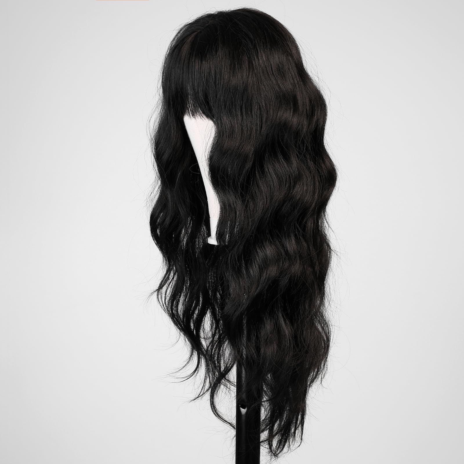 Black Wig with Bangs for Women Long Wavy Hair Wig Black Wig Curly Wavy Synthetic Wigs for Girls Daily Party Use — image 2