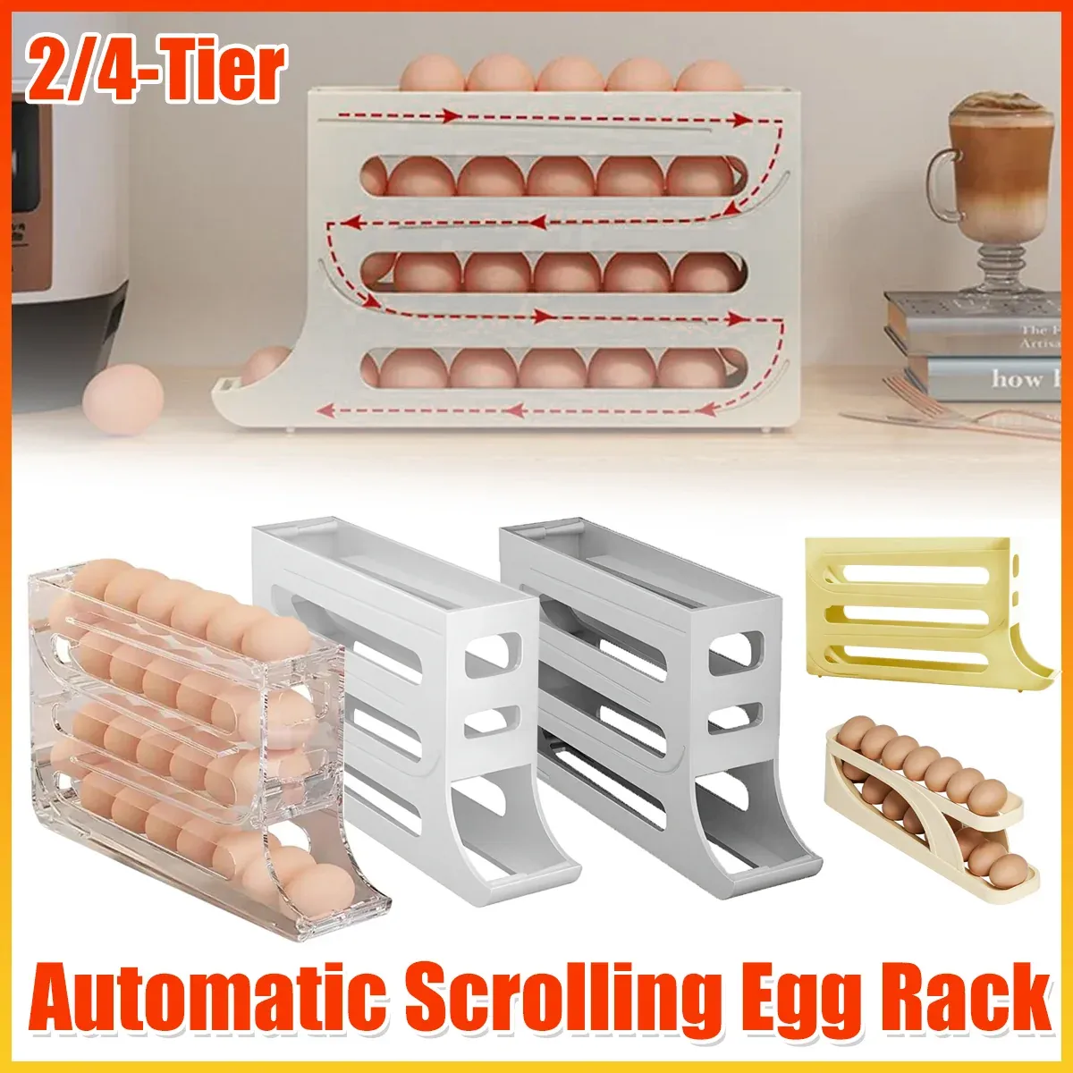 Automatic Scrolling Egg Holder 2/4-Tier Storage Box Container for Refrigerator - Beige(2-Tier) β image 2