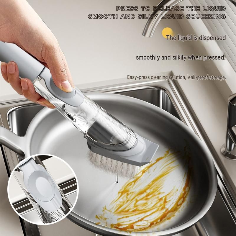 Grey Long Handle Liquid Dispensing Dish Brush（1 brush head） - TPR and PP Construction - Press Button Soap Release, Non Slip Grip, Kitchen Pot Pan — image 2