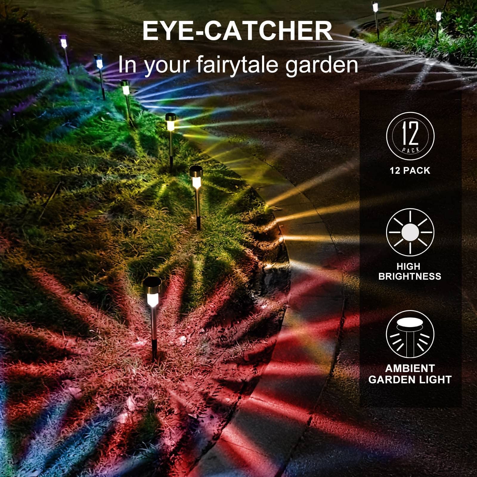 Solar Lights Outdoor Waterproof, Stainless Steel LED Landscape Lighting Outdoor Solar Lights for Outside -12 Pack ( Multicolor ) — image 4