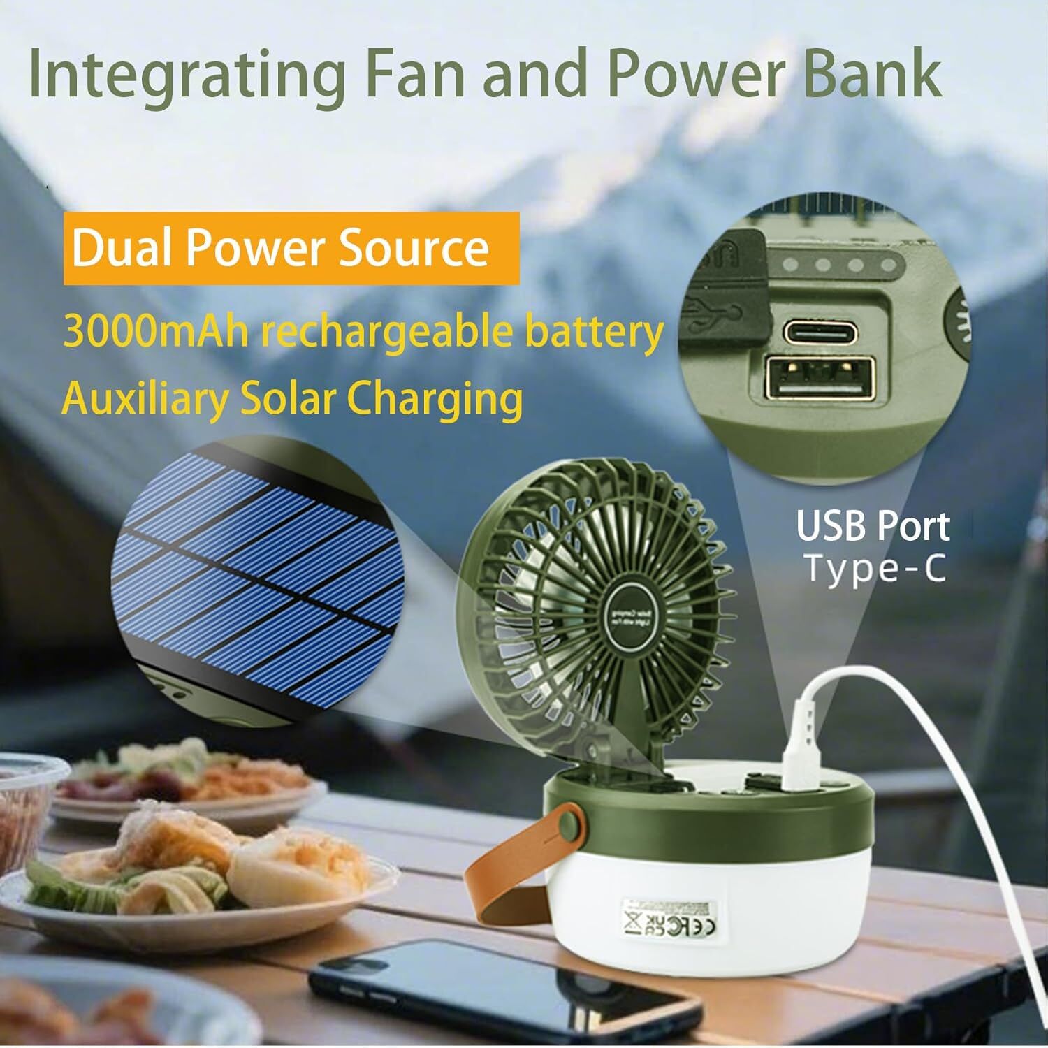 Camping Light with Fan, Portable Hanging Lamp for Tent, IPX4 Waterproof, 4 Mode Light Camping Lantern and 3 -Speed Quiet Fan,USB & Auxiliary Solar Charging，for — image 3