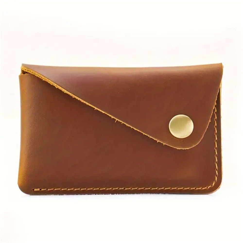 Handmade Grain Leather Card Wallet - Hand Stitched Rounded Corner Card Holder, Slim Snap Closure Minimalist Card Case Artisan Crafted Wallet (Brown)