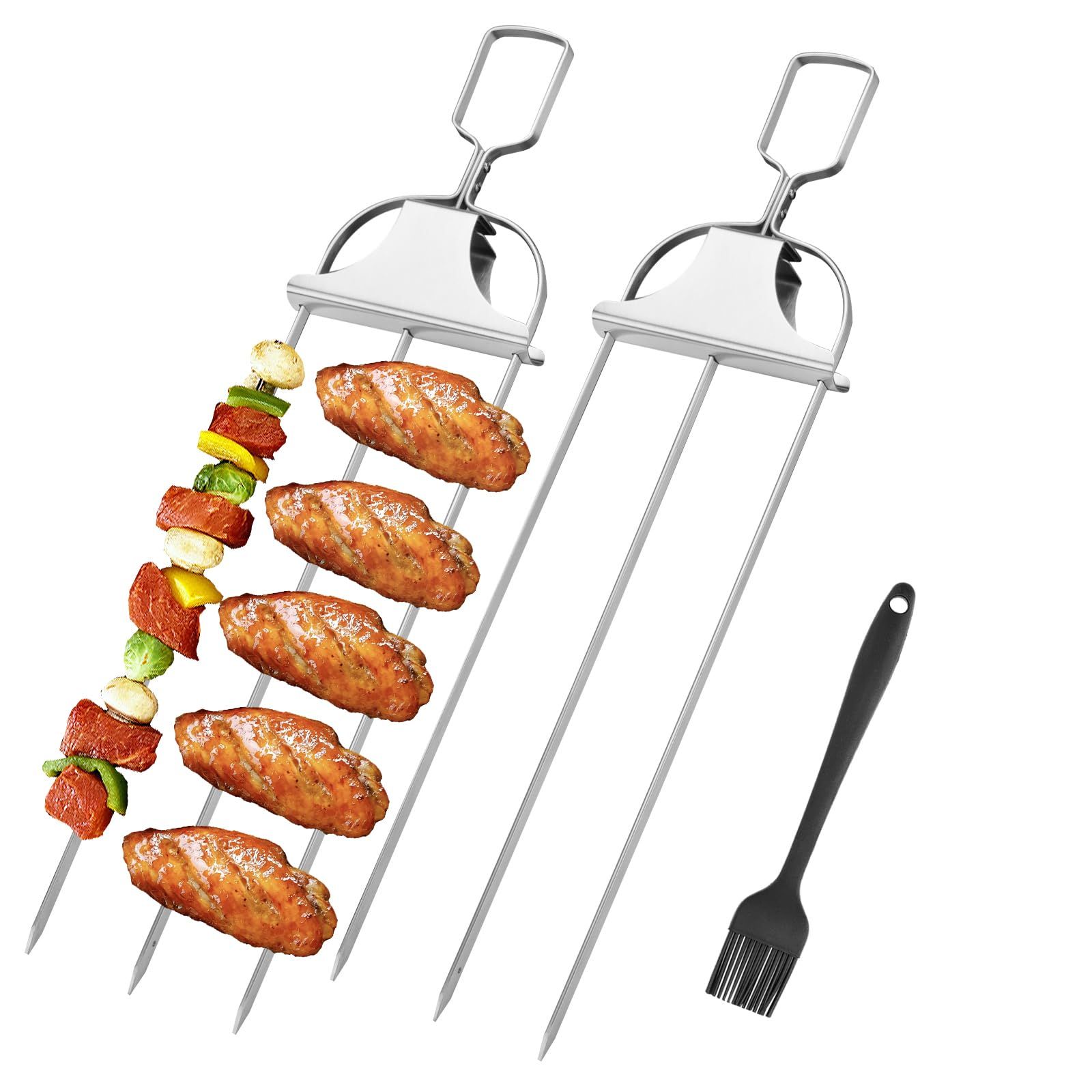 Skewers for Grilling,3 Prong Metal Grill Skewers with Push Bar Slider,14'' Premium Stainless Steel Skewers(2PCS)