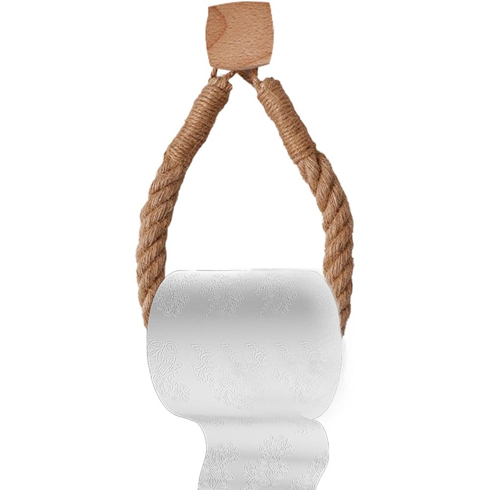 2 Pcs Natural Fiber Rope and Wood Roll Holder NonDrill Design Tissue Storage and Towel Shelf for Rental Homes (square) — image 4