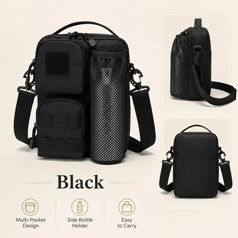 Oxford Cloth Tactical Sling Water Bottle Pouch Men, Waterproof Nylon EDC Crossbody Bag, Lightweight Outdoor Cycling Shoulder Pack/black