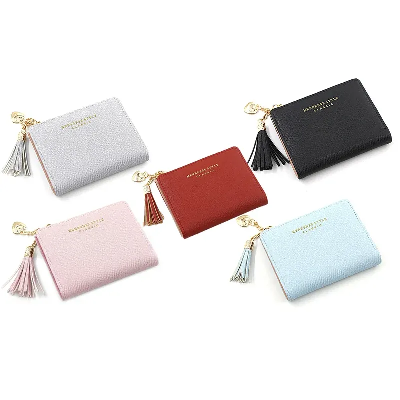Ladies Short Wallet Small Leather Purse Folding Card Holder Coin Pocket Tassel Design - Red โ image 3