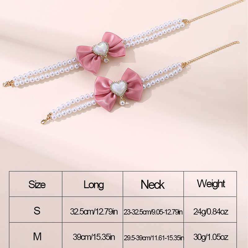 2 - PCS Cute Pet Pearl Necklace Collar with Pink Bow and Heart Charm - Size M — image 4