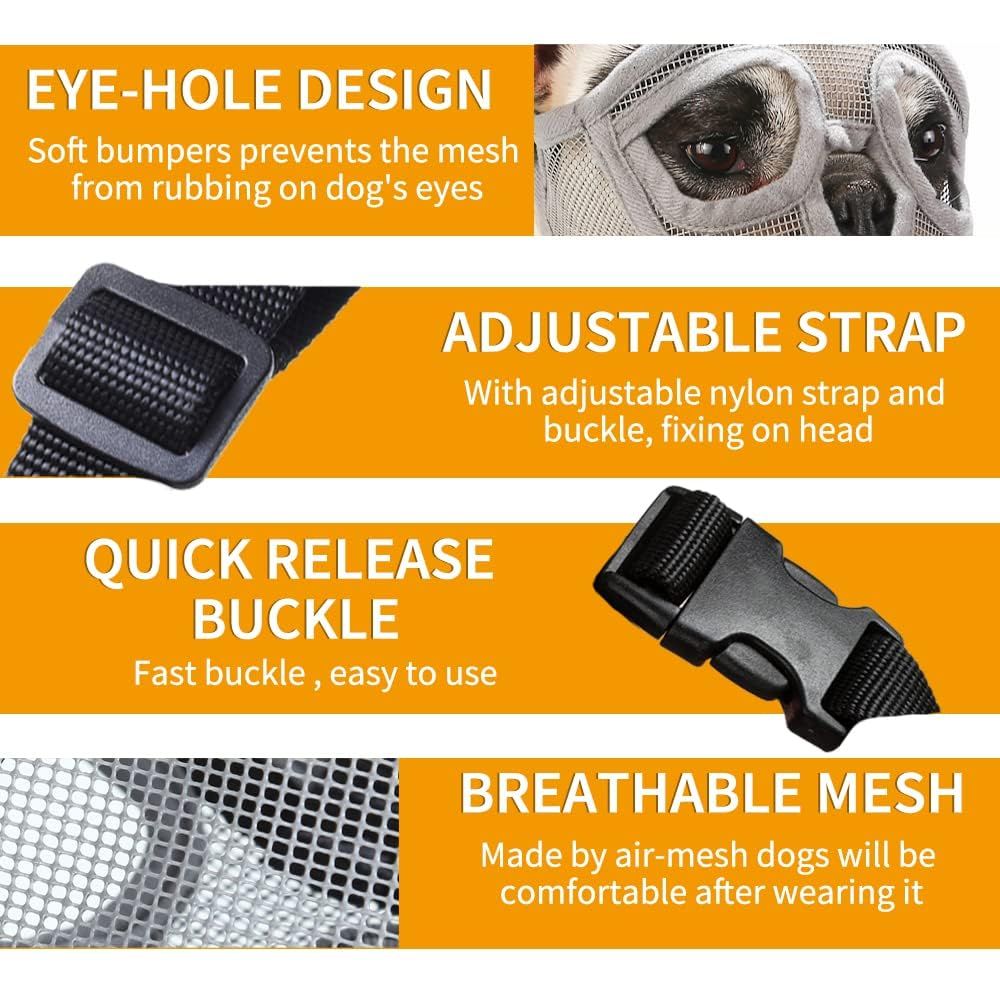 Short Snout Dog Muzzle, Breathable Mesh Flat Faced Muzzle for French Bulldog Shih Tzu and Pug,Mask Bulldog Muzzle for Biting