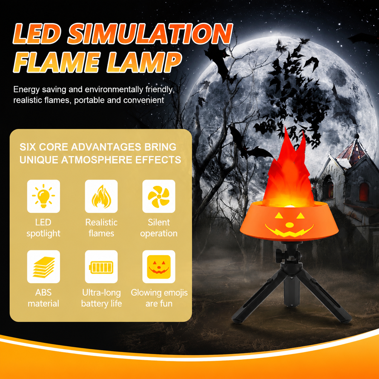 LED Halloween Jack-o'-Lantern Flame Effect Lamp with Dancing Silk Fabric Flame, Rechargeable Atmosphere Light for Party, Bar, Camping, and Home — image 3