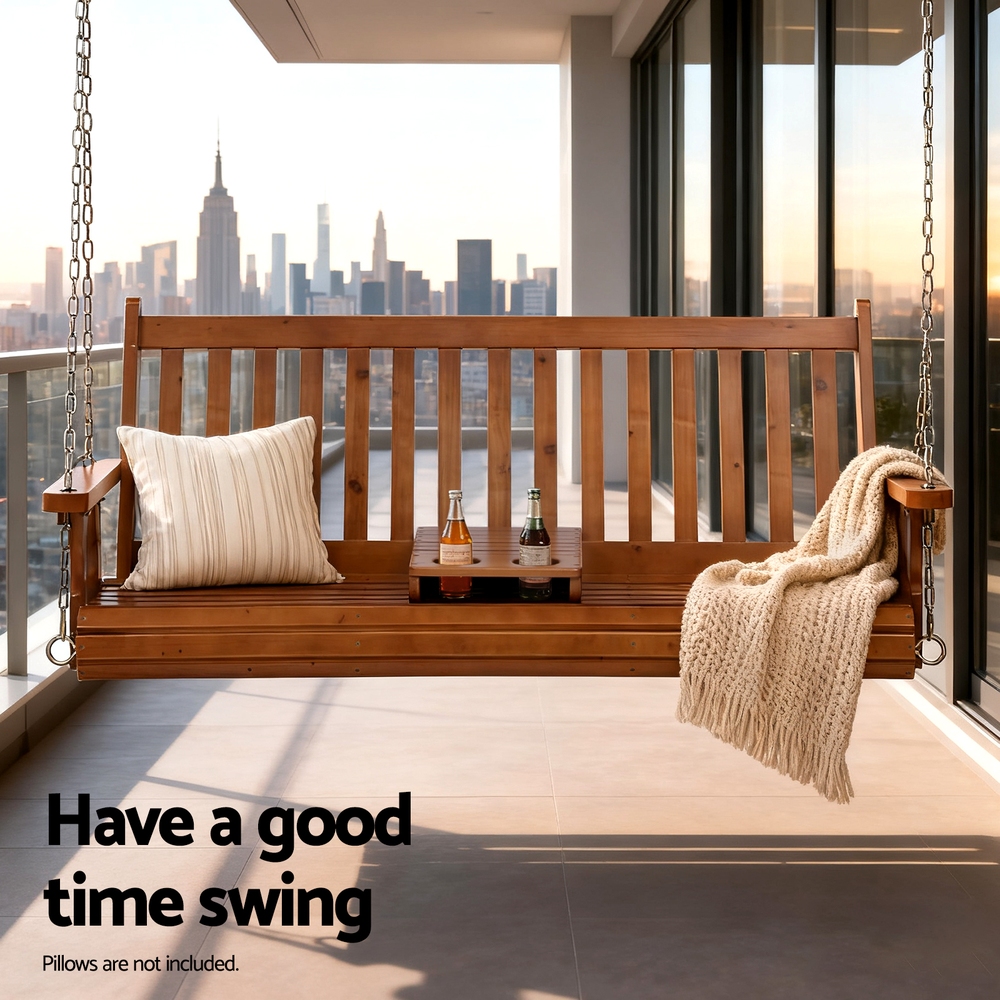 Gardeon Porch Outdoor Swing Chair Patio Furniture Wooden Bench 2 Seat Cup Holder โ image 4